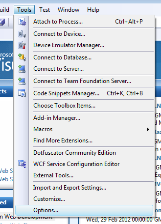 Open Visual Studio 2008, click on Tools from the file menu bar and then click Options.